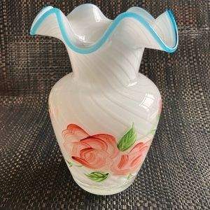 Teleflora Fenton Style Optic Swirl Vase, Pink Roses, Leaves, Aqua Ruffled Trim